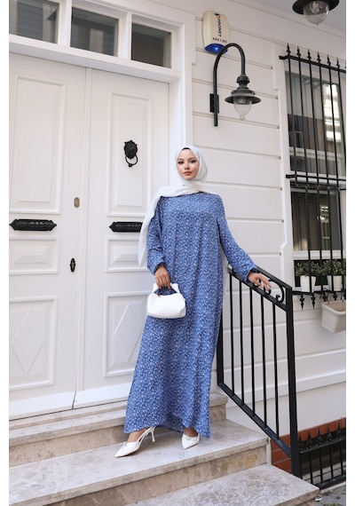 Nevayla Moda Çiçek Desenli Viskon Elbise - Mavi / E0128 Mavi