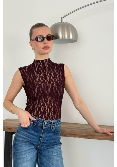 Verymoda Sıfır Kol Dantel Bluz D2750 Bordo