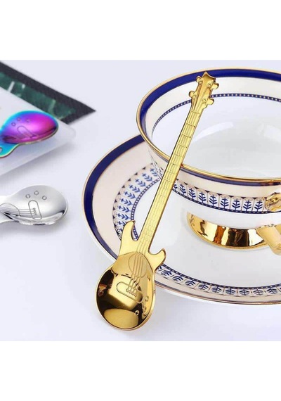 Jojobebek Gold Renk Gitar Tasarımlı Paslanmaz Çelik Kaşık ve Paslanmaz Çelik Çatal + Saklama Kutusu Sarı