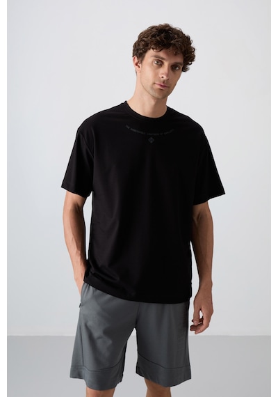 Tommy Life Siyah Pamuklu Kalın Yumuşak Dokulu Oversize Fit Baskılı Erkek T-shirt - 88343 Siyah