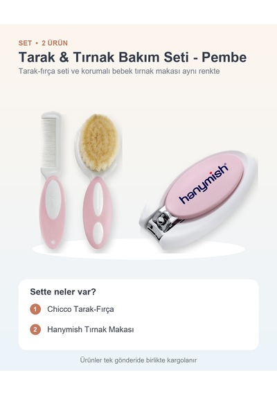 Tarak & Tırnak Bakım Seti 2 Parça: Chicco Tarak-fırça + Hanymish Tırnak Makası - Pembe