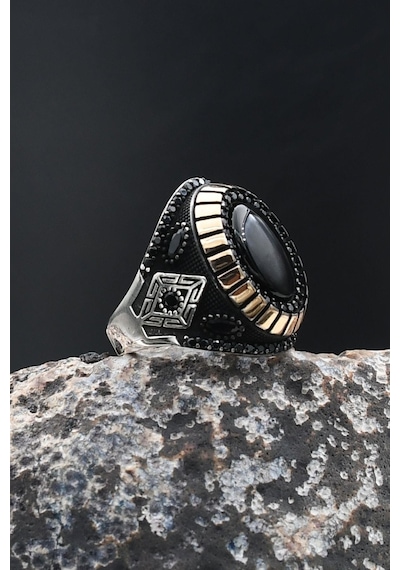 Oniks Taşlı 925 Ayar Gümüş Erkek Yüzük Zirkon Taş Süslemeli 902207 Gümüş