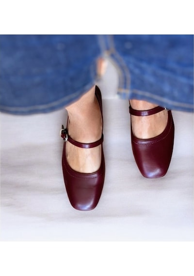 Ne&ve Shoes Bordo Hakiki Deri Tokalı Kadın Babet