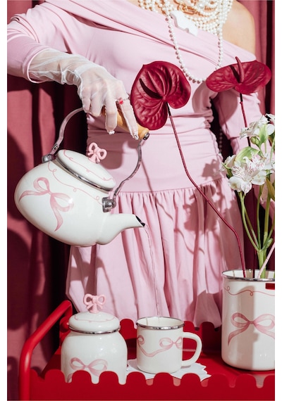 Rebel Bow Kurdele Desenli Emaye Vintage Kettle Fildişi