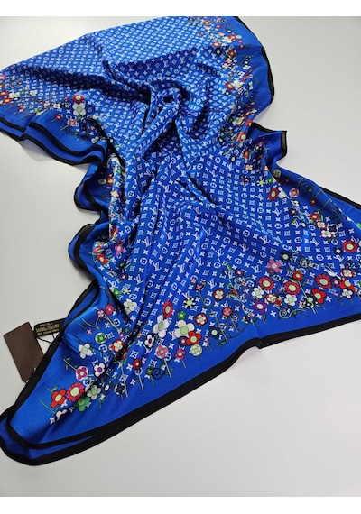 Miorel Scarfs Lv Desen Çiçekli İthal Vual İpek Şal Aksesuar Fular Silk Scarfs Shawl Hijab Mavi