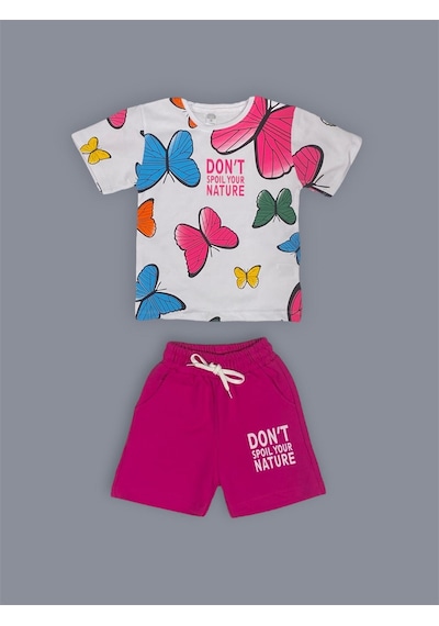 Mnk Baby & Kids Baskılı Kız Çocuk Tişört Şort Takım M00730 Fuşya