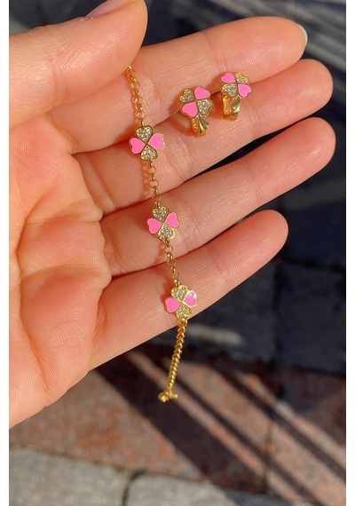 Gümüş Pembe Çocuk Yonca Küpe Bileklik Takım Diğer