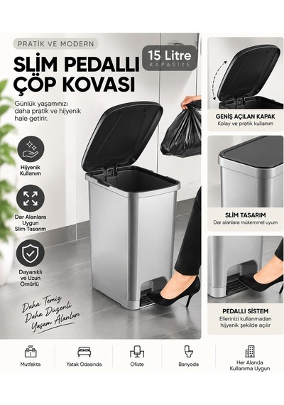 Slim Pedallı Banyo Mutfak Çöp Kovası - 15 Litre Gri