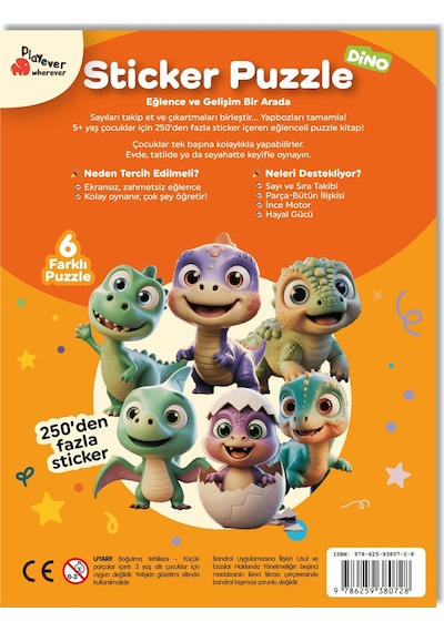 Playever Sticker Puzzle - Dino, Çıkartmalı Yapboz Etkinlik Kitabı