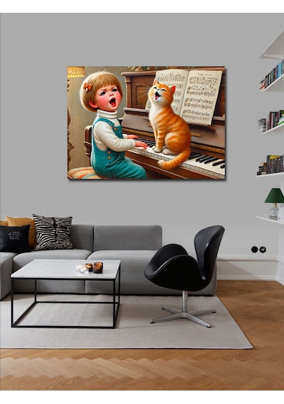 Kanvas Tablo Piyanist Kız Ve Kedi 50cmx70cm