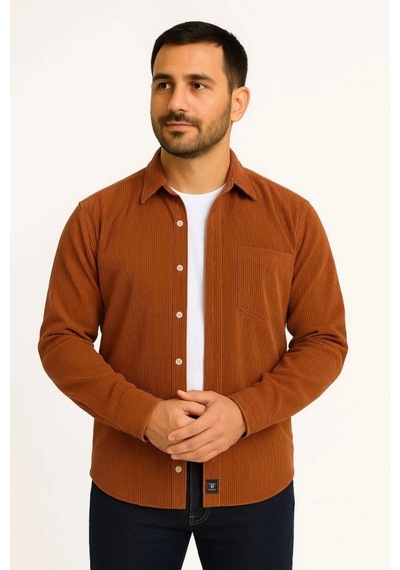 Freedom Store Erkek Fitilli Kadife Cepli Gömlek Oversize Rahat Kalıp - Kahverengi