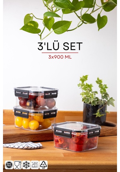 Nandy Home Kilit Kapaklı Kare Clear Saklama Kabı 3'lü Set - 900 ML