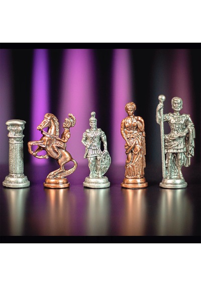 Gifthome Battal Boy Metal Roma Satranç Takımı Antik Ve Katlanır Ceviz Desenli Mdf Satranç Tahtası 43x43 Cm.