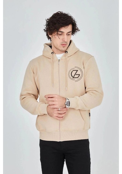Freedom Storee Erkek 3 İplik Pamuklu Fermuarlı Kapüşonlu Kanguru Cepli Baskılı Hoodie Hırka Sweatshirt - Bej Çok Renkli