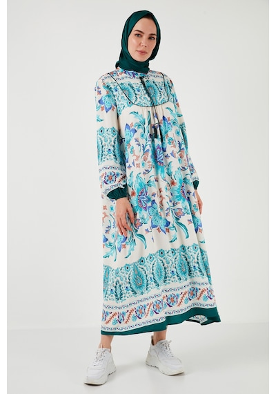 Lela Modest Desenli Regular Fit Bağlamalı V Yaka Maxi Bayan Elbise 611El510 Yeşil