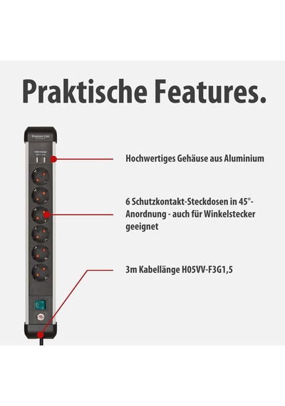 Brennenstuhl Premium-alu-line Çoklu Priz, Usb/çoklu Priz, 6 Bölmeli, Yüksek Kaliteli Alüminyum 3 M Kablolu Ve Şalterli Priz, 2 Bölmeli Usb 3,1 A, Almanya'da Üretilmiştir