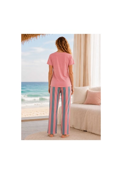 Pijamask Kadın Kısa Kollu Pamuklu Pijama Takım Turkuaz