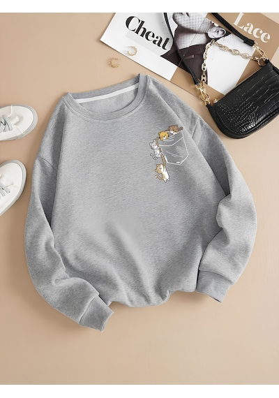 Startmore Gri Kadın Renkli Cat Özel Göğüs Baskılı Oversize Bisiklet Yaka