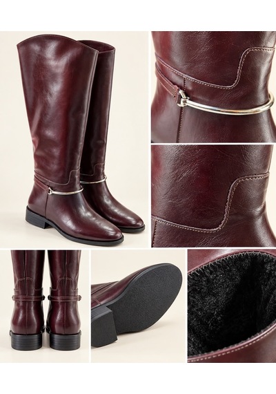 Dabab Shoes Rustle Kadın Bordo Kırışık Cilt Metal Halka Detaylı Sıcak Astarlı Kaymaz Taban 3 Cm Topuklu Uzun Konç Çizme