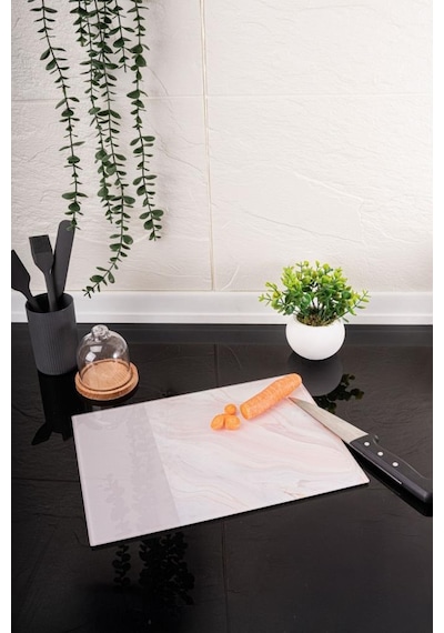 Flora Cam Kesme Tahtası, Temperli Isıya Kırılmaya Dayanıklı Kesim Panosu 25x35 Cm Vizon Mermer Desen Vizon