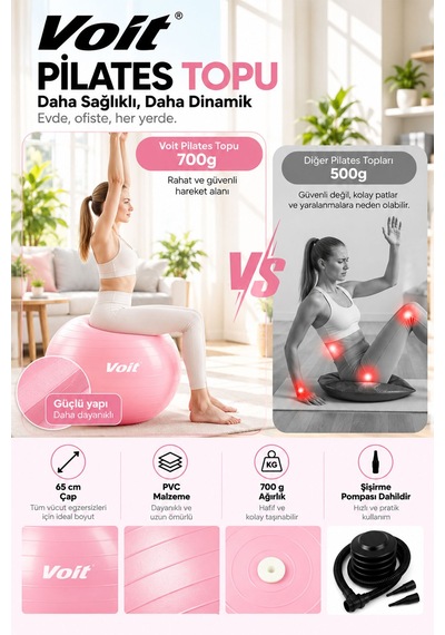65 cm Pilates Topu Pompa Dahil Fitness ve Denge Egzersiz Topu Pembe