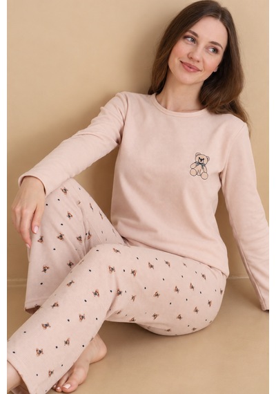 Wordex Mırano 3107 Waffle Soft Kumaş Ayıcık Desenli Kışlık Ev Kadın Pijama Takımı Bej