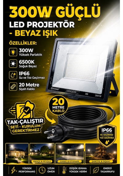 20 Metre Kablolu 300 Watt Seyyar Led Projektör Aydınlatma. Seyyar Aydınlarma Su Geçirmez Dış Mekan Ip66,beyaz Çok Güçlü Işık 20 Metre Kablolu 300 Watt Seyyar Led Projektör Aydınlatma. Seyyar Aydınlarma Su Geçirmez Dış Mekan Ip66,beyaz Çok Güçlü Işık