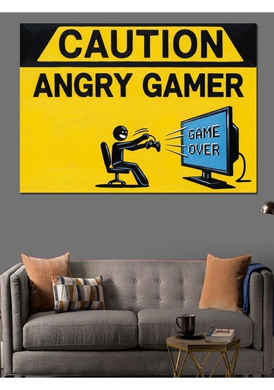 Sinirli Oyuncu Gamer Uyarı Levhası Dekoratif Kanvas - Mdf Ahşap Tablo