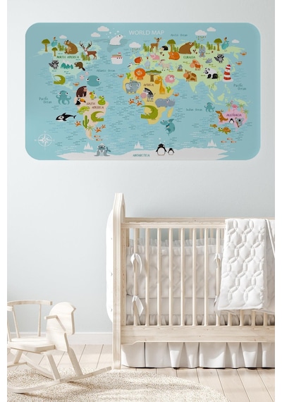 Eğitici Dünya Haritası Dünya Atlası Çocuk Ve Bebek Odası Duvar Sticker-60x105-3782 - Renkli Çok Renkli
