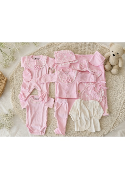 Minicayzen Mini Cayzen Dantelli Kız Baby Shower & Hastane Çıkışı 10'lu Bebek Seti 0-3 Ay - %100 Pamuk Pembe