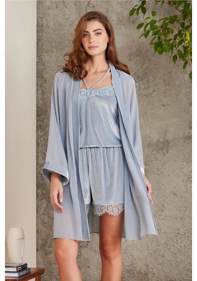 Pierre Cardin 4800 Kadın Dantelli Kadife Tulum Sabahlık Takım-mist Mist