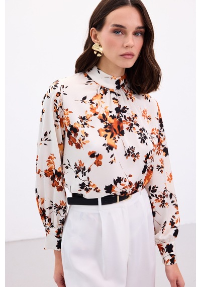 Sateen Dik Yaka Bluz - Oranj-136868 Oranj
