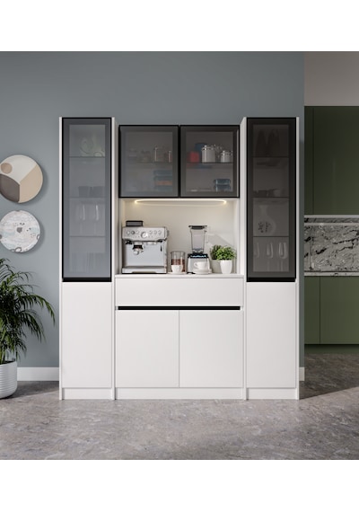 Lotus Maxi Kahve Köşesi Komple Mdf Led Aydınlatmalı Mutfak Kahve Dolabı Beyaz