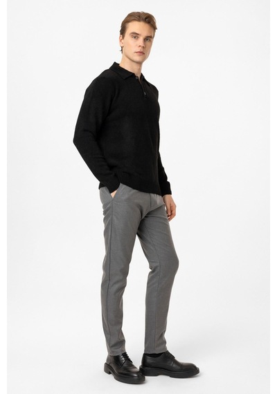 Back&bond Siyah Regular Fit Çizgili Polo Yaka Triko Kazak