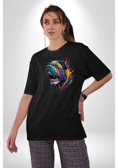 Köpek Saint Bernard Havlama Pamuklu Bisiklet Yaka Unisex Oversize Boyfriend Dijital Baskılı Siyah T-shirt Siyah