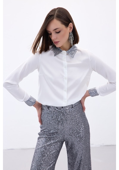 Sateen Payet Detaylı Saten Gömlek - Gri-136688 gri
