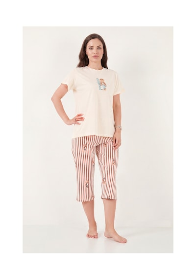Lela Desenli Pamuklu Bisiklet Yaka Kaprili Pijama Takımı Bayan Pijama Takımı 65790787 Bej