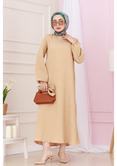 Sevitli Beli Kuşaklı Luna Tesettür Elbise-bej-4890 Bej