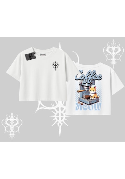 Startmore Coffee Meow Kahve Temalı Kedi Arka Baskılı Oversize Crop Tshirt Beyaz