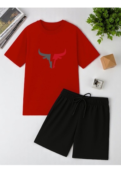 Uyguntarz Unisex Boğa Baskılı Tasarım Şort Takım Kırmızı