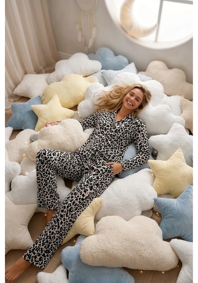 Fit Women Kadın Desenli Düğmeli Uzun Kollu Leopar Pijama Takımı
