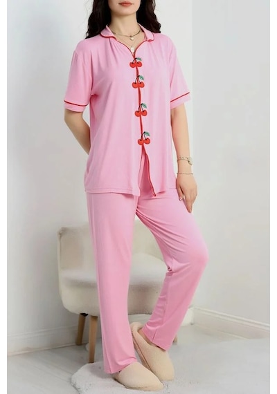 Seka Store Seka Kiraz Nakışlı Biyeli Viskon Pijama Takımı Pembe - 40562.1857. Çok Renkli Seka Store Seka Kiraz Nakışlı Biyeli Viskon Pijama Takımı Pembe - 40562.1857. Çok Renkli