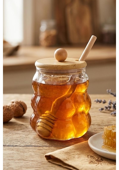 Borosilikat Cam Bal Kavanozu, Bambu Kapak 350ml Şeffaf