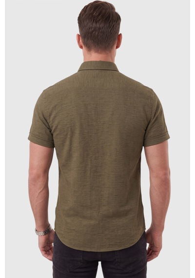 Rizzup Erkek Slim Fit Likralı Jakar Dokulu Haki Kısa Kol Gömlek Esnek Nakış Armalı 2604356