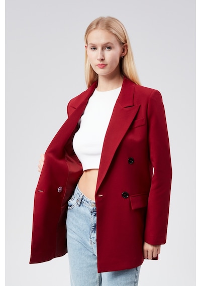 Bordo Regular Astarlı Kruvaze Kapama Dokuma Oversize Blazer Ceket 001