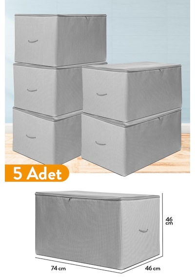 Serstil 5 Adet - Büyük Boy Antrasit Çizgili Hurç - 74 X 46 X 46 Cm Gri