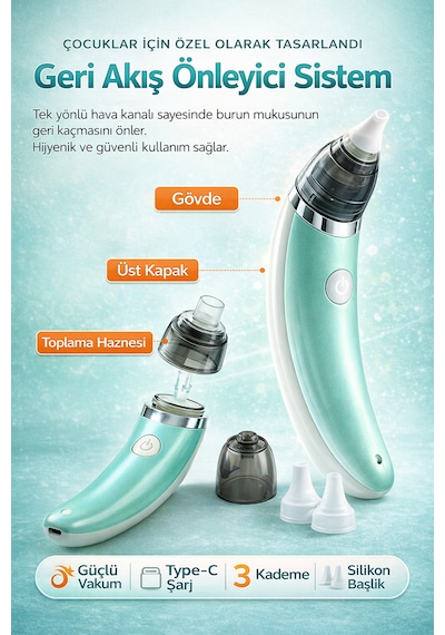 Babyforce BR-8820 0-12 Yaş Şarjlı Bebek Burun Aspiratörü 5 Kademe Güçlü Vakum Açık Yeşil