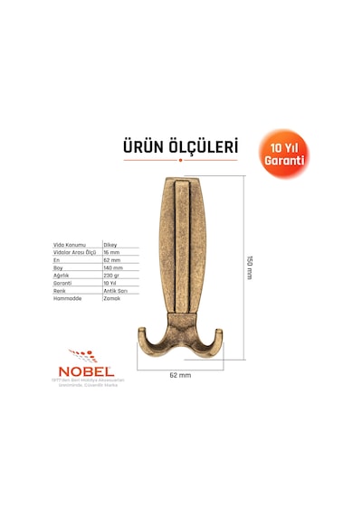 Best Lüks Portmanto Askı, Metal, Vestiyer Askı, 230 Gr, Dolap Askılık, Duvar Askılığı, Antik Sarı Vidalı