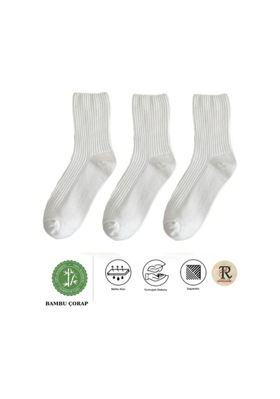 Trampler Unisex 3 Çift Lastiksiz Çizgili Bambu Çorap Beyaz Soket Çorap Sıkmayan Çorap Beyaz