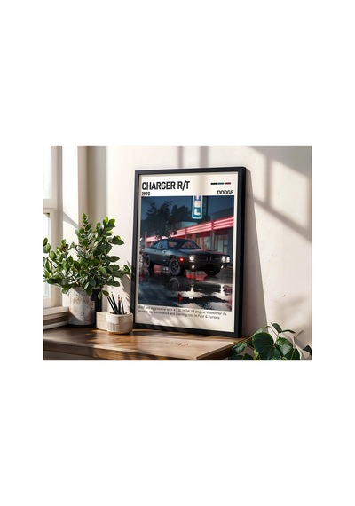 Dodge Charger R/t Ahşap Çerçeveli Poster Tablo Muscle Car İkonu Siyah